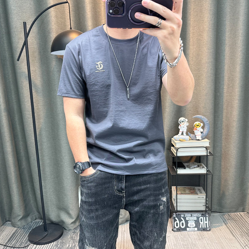 潮牌天丝棉麻短袖t恤男夏季新款高端男装上衣修身超薄半袖体恤衫