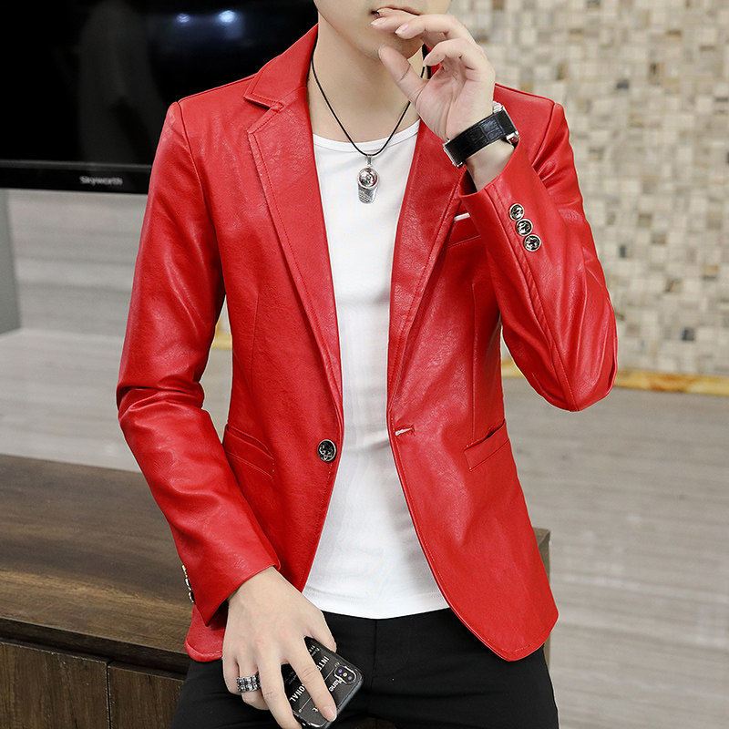 春秋季皮衣西服男士薄款休闲上衣韩版潮流修身外套纯色单件小西装