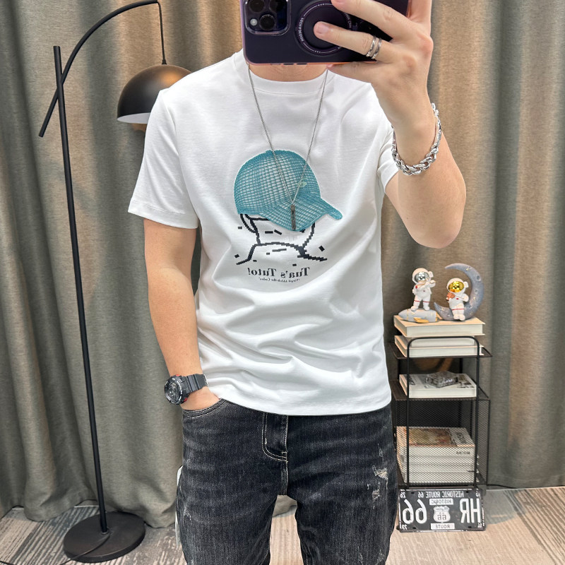 潮牌短袖t恤衫男士夏季新款高端纯棉半袖体恤衫卡通印花男装上衣