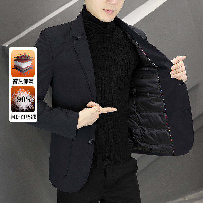 轻奢新款羽绒服秋冬季西服外套男士修身韩版潮小西装轻薄保暖上衣