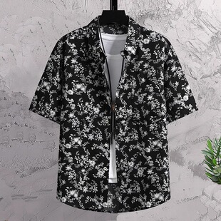 轻奢复古碎花2025夏季新款冰丝碎花短袖衬衫男高级感痞帅潮流上衣