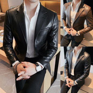 皮衣小西装男休闲修身韩版ins潮痞帅pu皮夹克高级感雅痞西服外套
