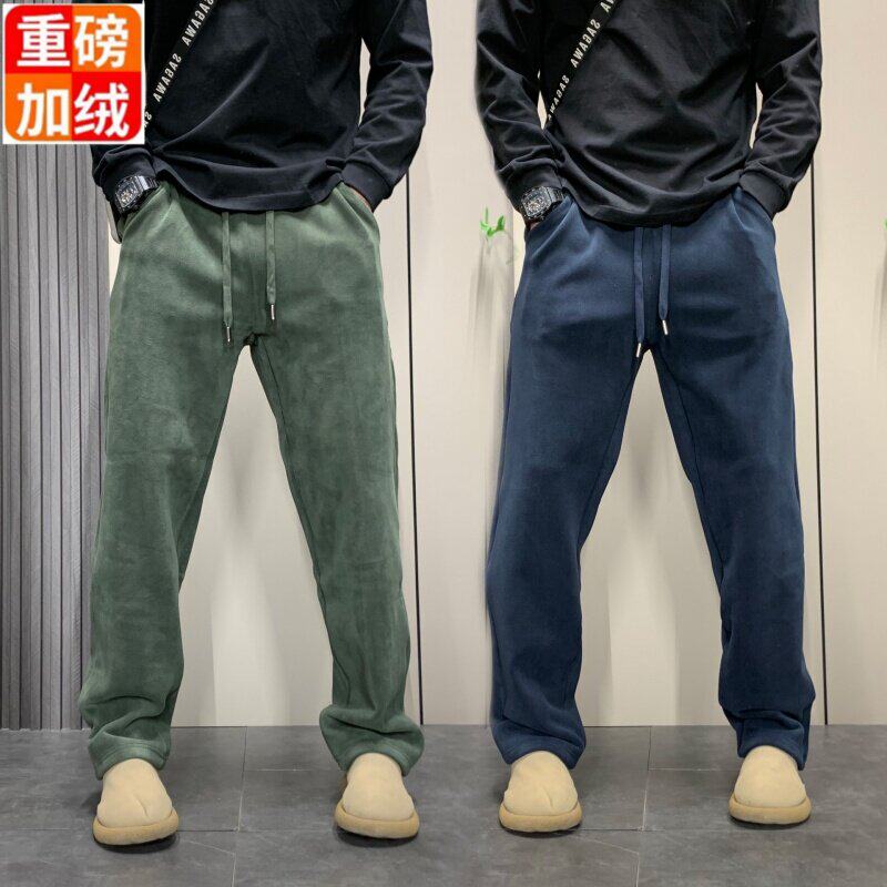 轻奢新款男士奥利绒休闲裤宽松直筒裤潮流抽绳垂感运动裤冬季厚款