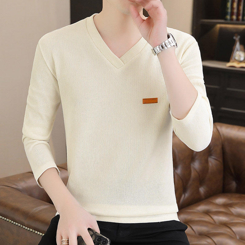 春秋男士V领长袖T恤修身薄款纯色毛衣青年休闲低领男装打底衫