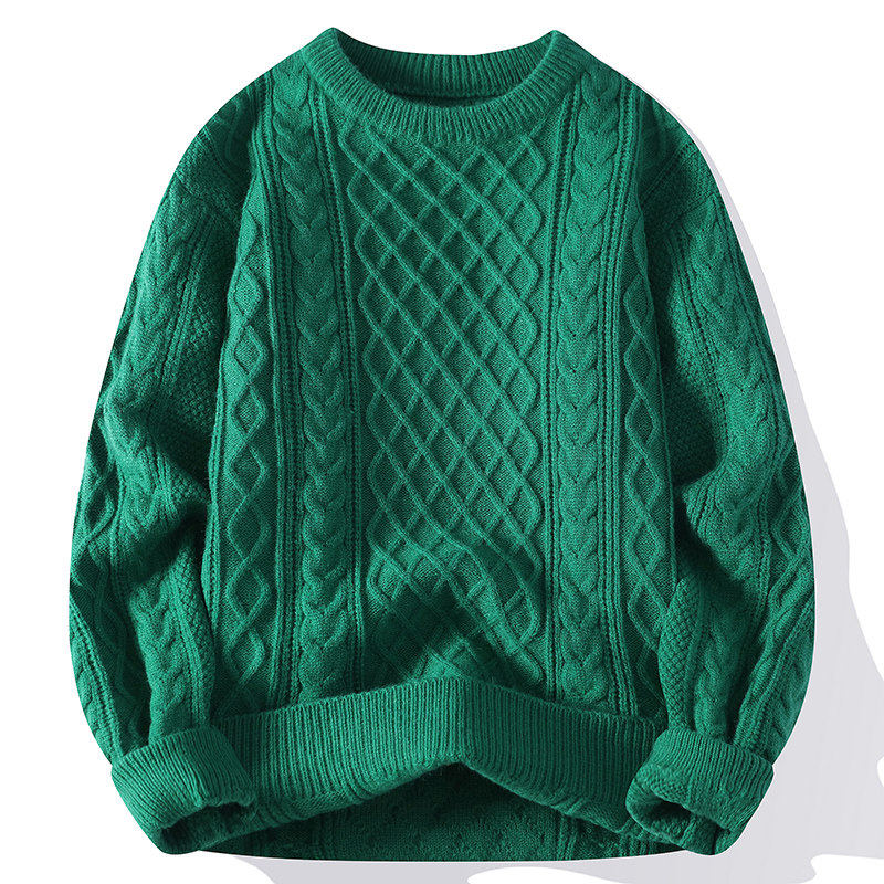 轻奢绿色手工编织麻花扭花毛衣外套男士秋装上衣服新款针织衫线衣