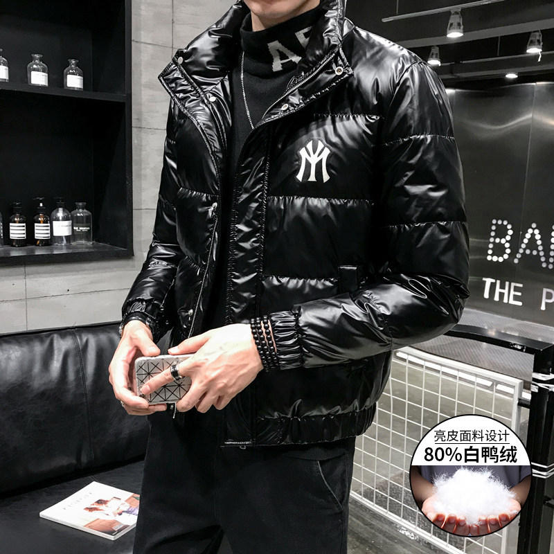 潮牌时尚羽绒服男装2021冬新款韩版潮流亮面鸭绒加厚短款立领外套