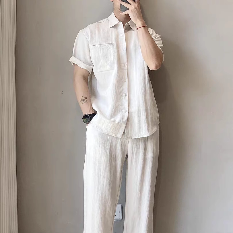 亚麻休闲工装长裤两件套