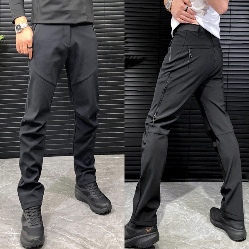 秋冬季加绒男士休闲裤户外防水软壳冲锋裤潮牌运动修身百搭直筒裤