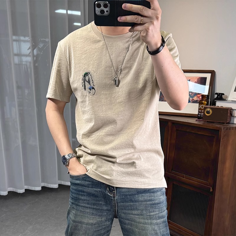 潮牌短袖t恤衫男士夏季新款高端薄款修身印花青年男装时尚衣服潮