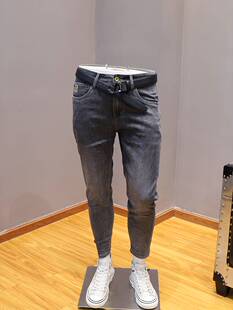 韩版 薄款 青年黑灰色修身 牛仔裤 男 潮牌九分裤 潮流中腰铅笔裤 男夏季