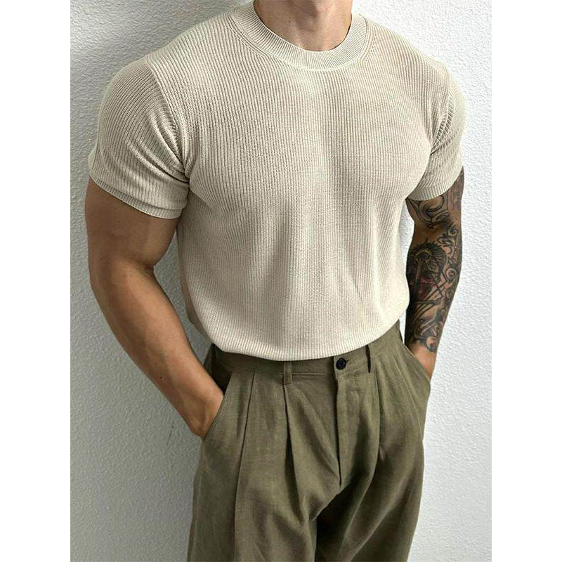 硬汉风螺纹圆领针织短袖t恤衫男款夏季高级感显肌肉弹力修身上衣