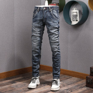 春秋欧洲站刮烂猫爪牛仔裤男款低腰修身弹力小直筒青年流行长裤子
