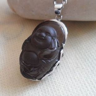 泰银纯925银手工银镀白金天然冰种黑曜石开心如意佛吊坠3.8cm