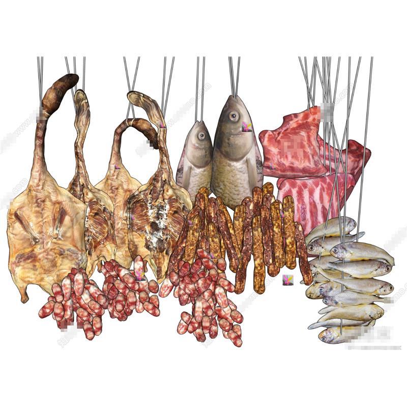 3689现代咸鱼 腊肉 鸭子 香肠 咸鸭 鲜肉 腊猪肉 肉类实物 SU模型