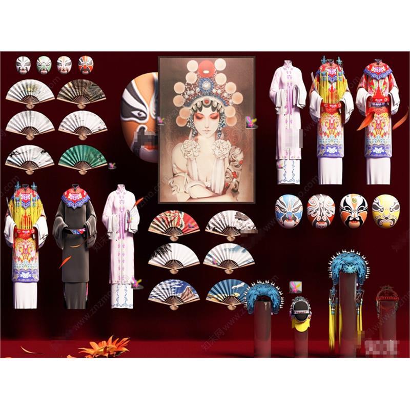 2499新中式戏服 扇子 服装摆件 脸谱 川剧脸谱 川剧挂画SU模型