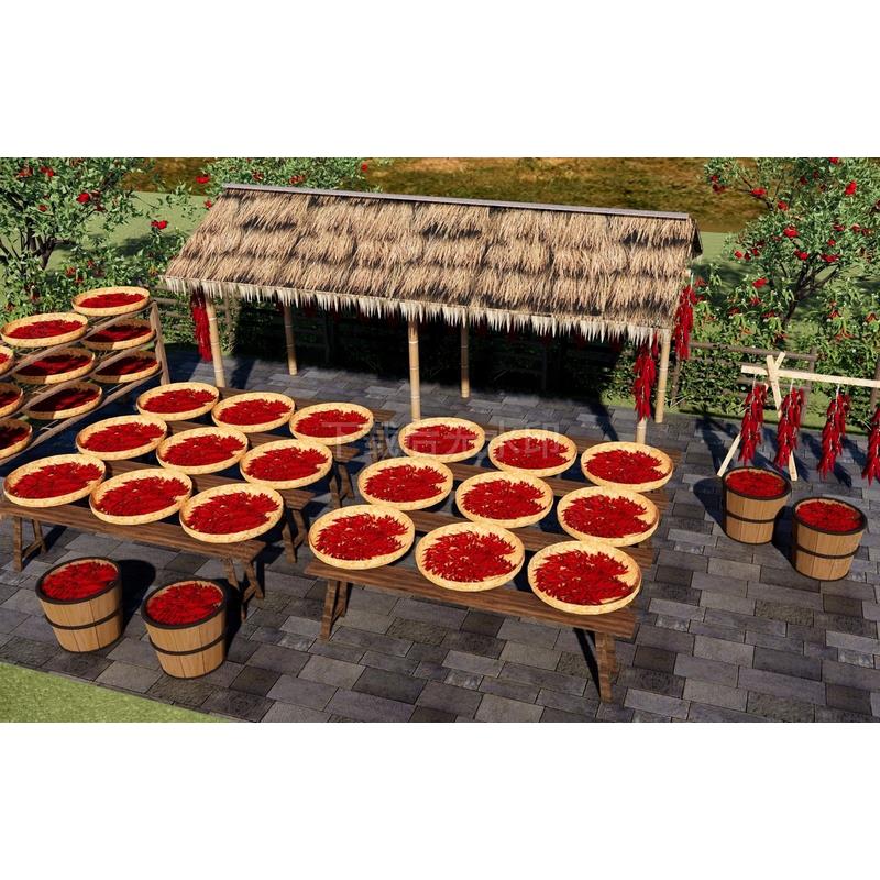 中式乡村庭院 红辣椒 晾晒庭院 晾晒架 茅草亭 草图大师SU模型