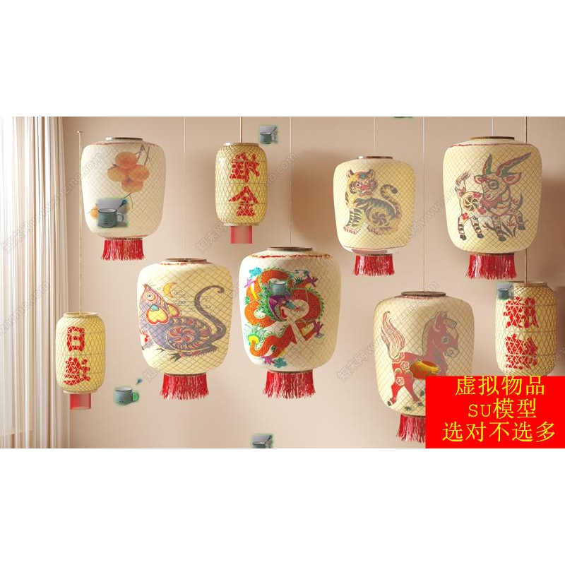 草图大师SU模型 新中式灯笼潮汕竹编油纸火锅餐饮店竹编灯笼图片
