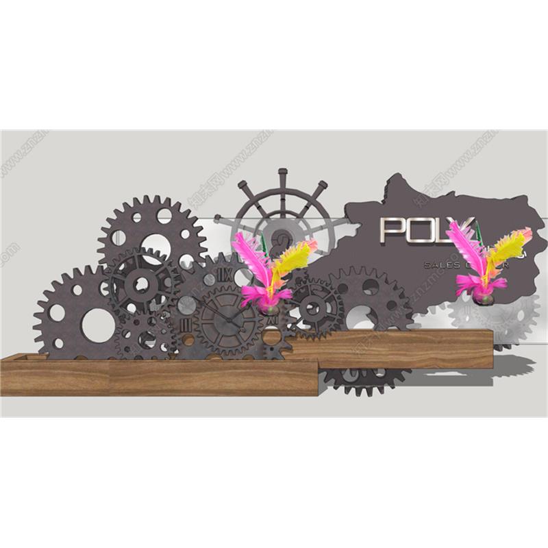 草图大师1592 工业风景墙 齿轮景观牌 标识牌 复古雕塑小品SU模型
