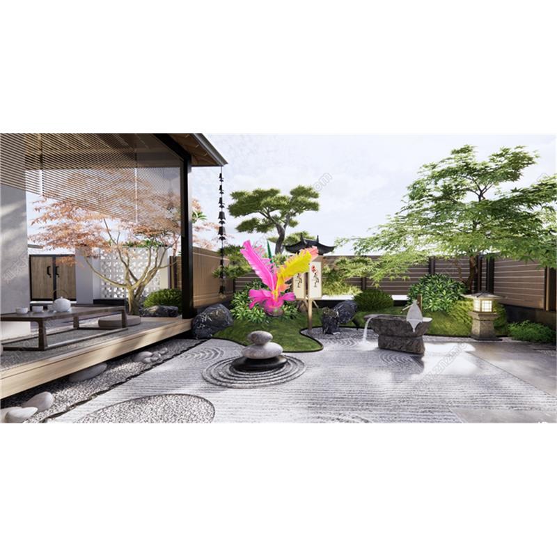 草图大师0702 日式禅意庭院花园小品 枯山水 茶桌椅 景观树SU模型