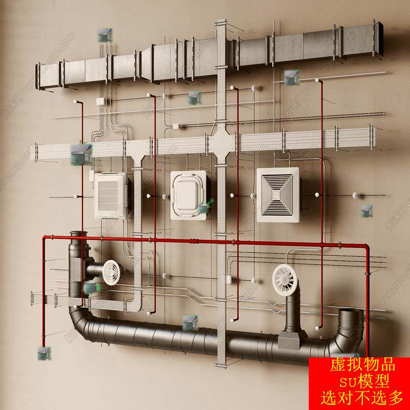 SU模型草图大师 管道零件 裸顶管道 办公裸顶办公吊灯 空调管道