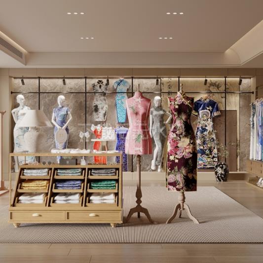新中式服装店 旗袍店 丝绸刺绣 旗袍展厅 中式服装草图大师SU模型