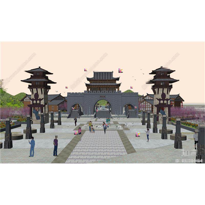 4605中式汉唐古城景观建筑 入口大门塔楼拱桥城楼 青砖建筑SU模型