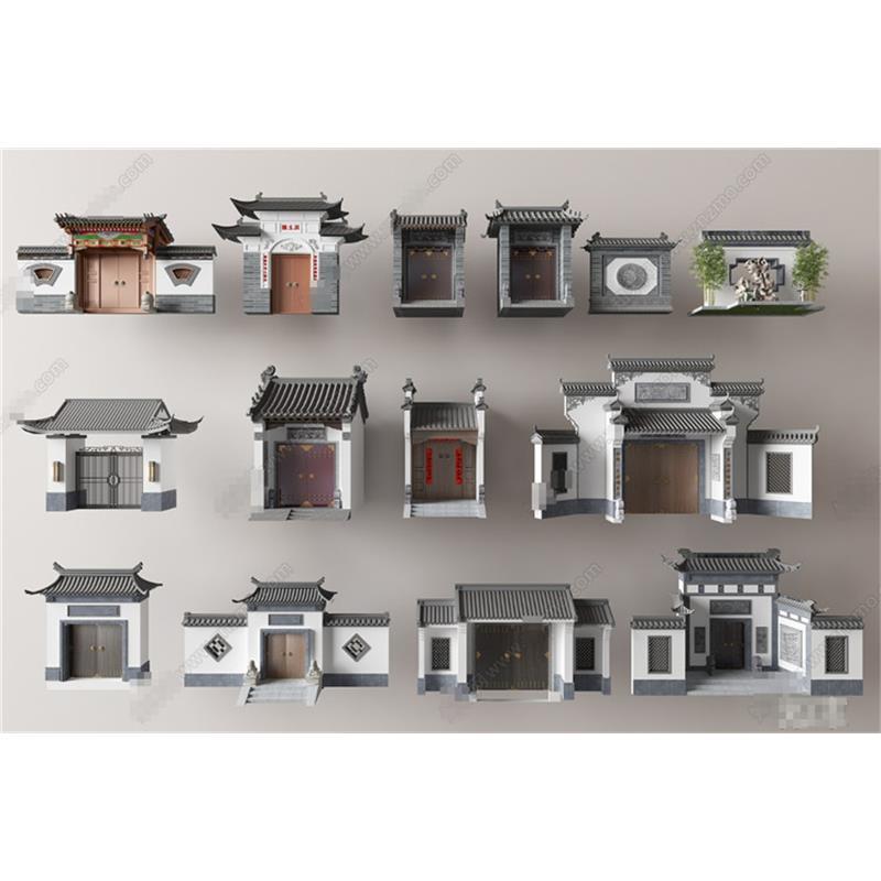 5792中式庭院门 入户大门 照壁 屋顶 屋檐 屋脊 入户双开门SU模型