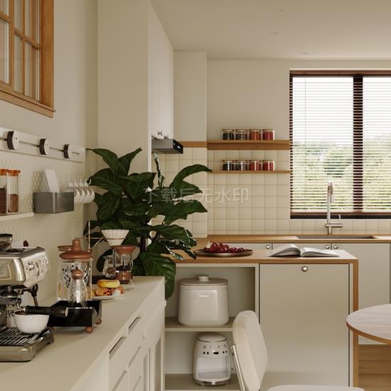 现代奶油开放式厨房 咖啡机 厨房电器 厨具 植物 草图大师SU模型