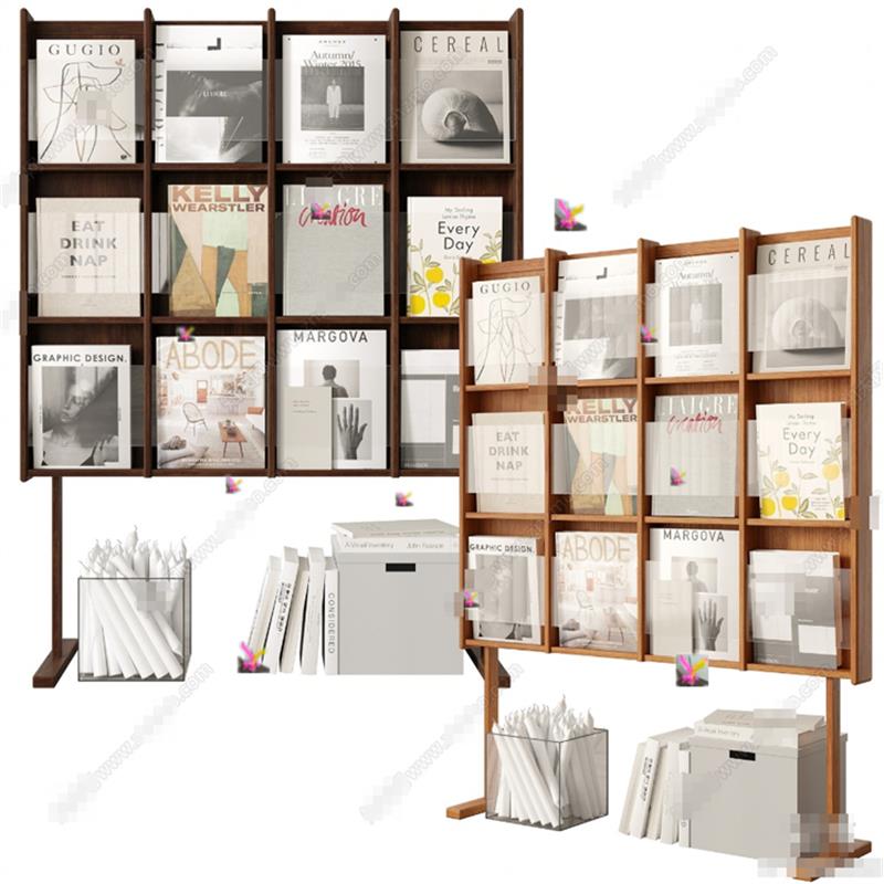 5349现代中古原木书架 杂志架 展示柜 置物架 归纳架 SU模型