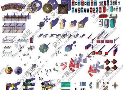园林景观汽车廊架雕塑小品彩色平面图PSD总平面PS分层后期素材