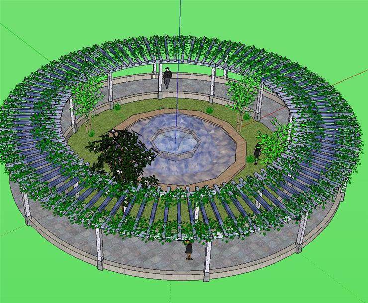SU1823 sketchup模型库 SU模型 圆形小区广场藤蔓廊架 喷水景观SU