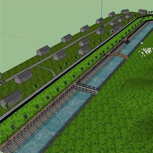 SU1568 草图大师 水利工程设施SU模型 河道水渠沿路sketchup模型