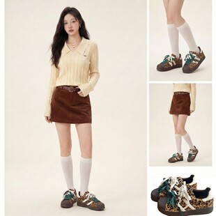 女2026年春季 马毛百搭休闲鞋 新款 豹纹鞋 厚底时尚 6cm内增高板鞋