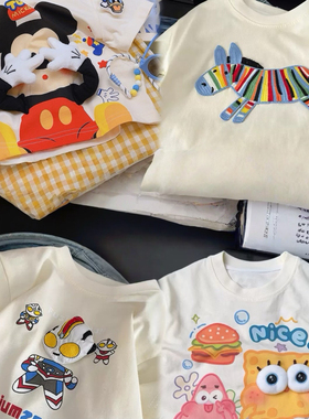 儿童纯棉短袖T恤米奇立体玩偶卡通宽松印花男女童亲子装上衣潮酷