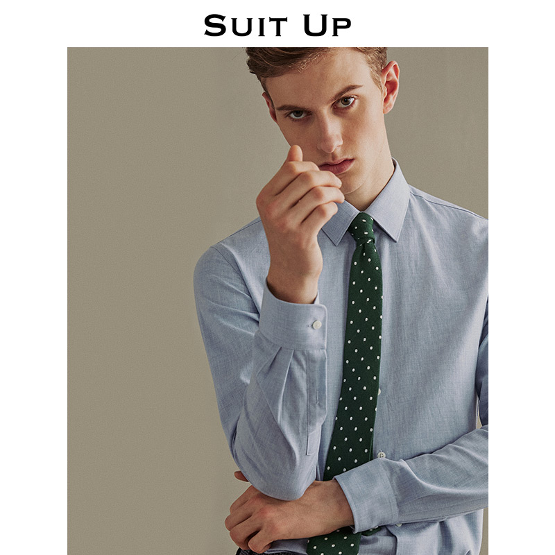 蓝色长袖衬衫男商务休闲新郎结婚纯棉免烫高级感痞帅衬衣男士正装