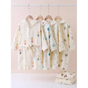 儿童A类全棉纱布浴袍浴巾100%棉洗澡游泳速干可裹可穿长袖连帽