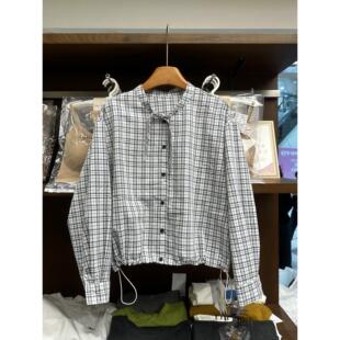 小个子时尚 潮春季 休闲显瘦抽绳短 学院风蓝白格纹系带衬衫 实体女装