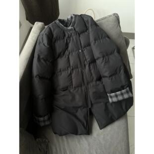 欧韩女装【毛呢格子拼接】韩系大牌简约保暖羽绒服潮冬季中长款设