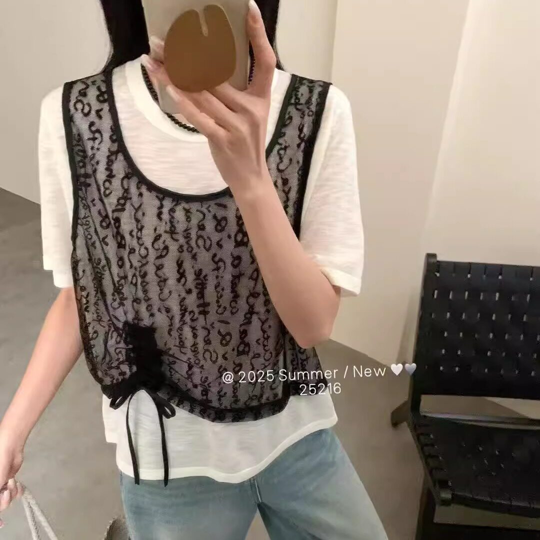 甜美网纱冰丝两件套夏季新款韩版时尚圆领短袖针织衫女上衣潮显瘦