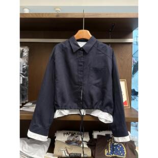 翻假领设计感小众抽绳亚麻天丝外 高级感两件衬拼接衫 实体女装 韩式