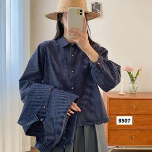 实体女装 边小个子 田园韩系花下摆格子衬衣藏青色显a字宽松长衣袖
