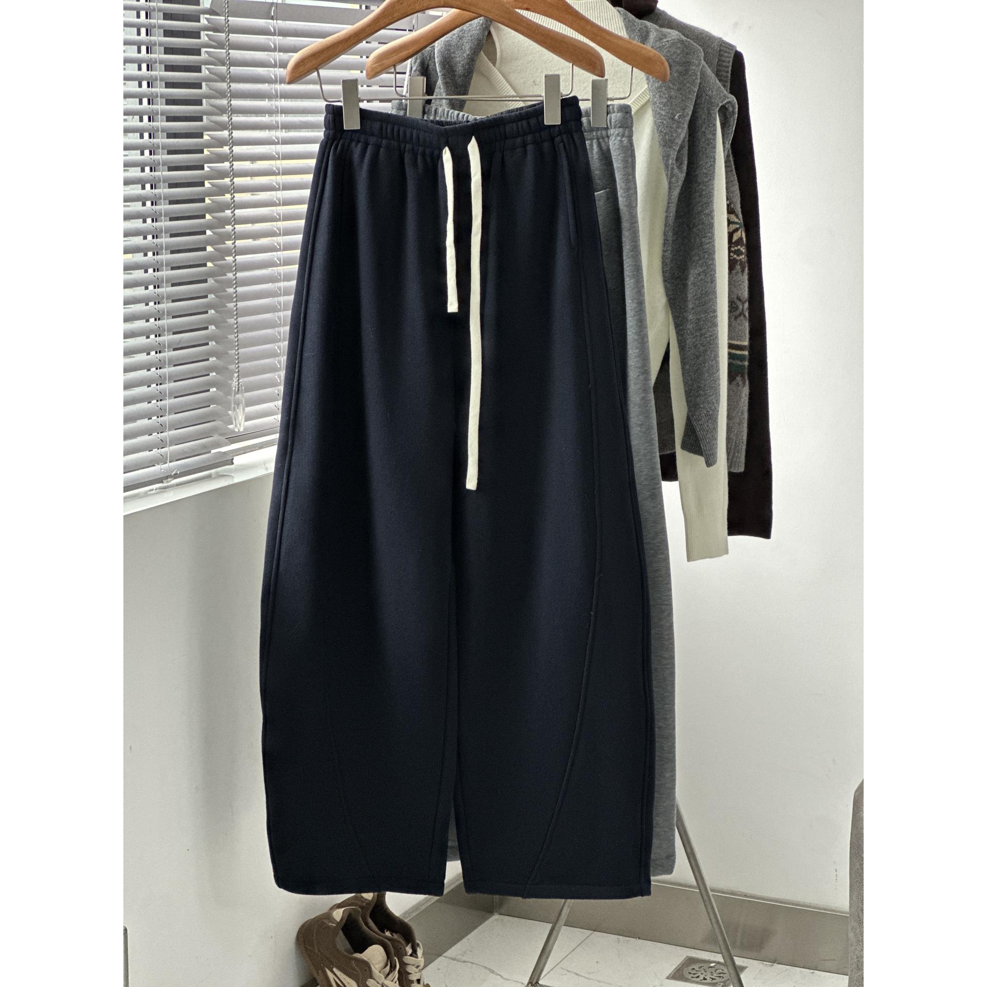 欧韩女装轻奢抽绳加绒加厚弯刀卫裤潮冬季新款宽松遮跨休闲阔腿裤