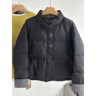 欧韩女装韩系黑色短款羽绒服潮立领卷边格子长袖90白鸭绒面包服保