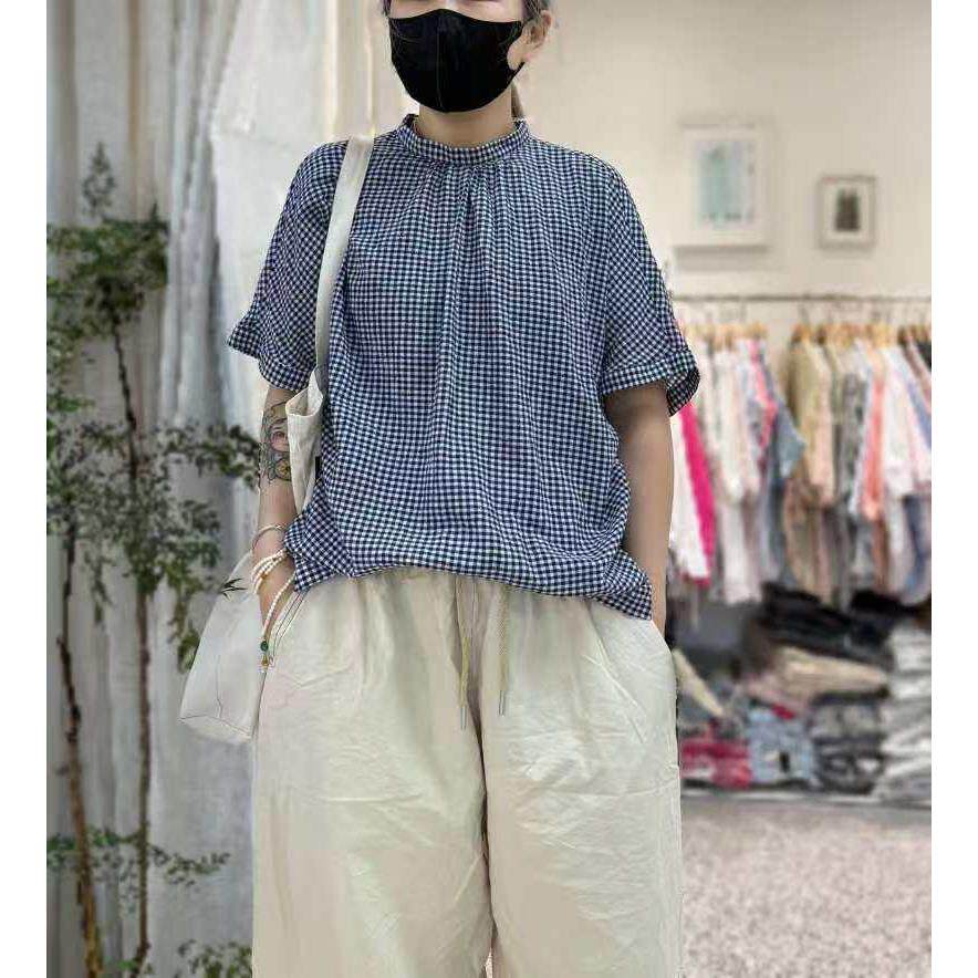 实体女装麻味潮装2026夏季格新瘦款蓝白纹衬衫立领松显文宽艺森系