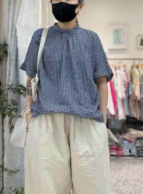 实体女装麻味潮装2026夏季格新瘦款蓝白纹衬衫立领松显文宽艺森系
