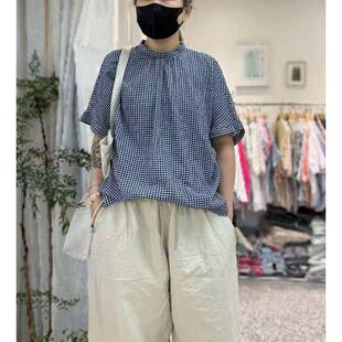 实体女装麻味潮装2026夏季格新瘦款蓝白纹衬衫立领松显文宽艺森系