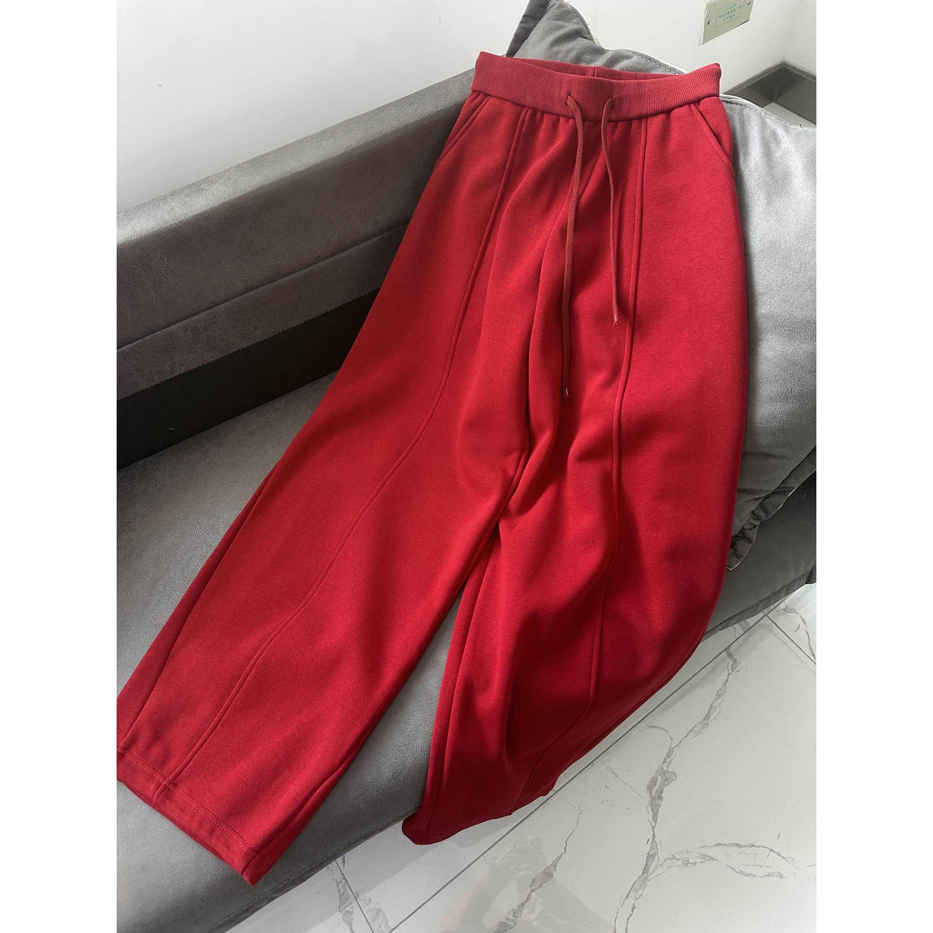 欧韩女装【大红色加绒卫裤】新年喜气穿搭冬季保暖休闲长裤潮束腿