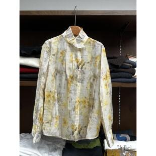 天丝轻薄长衣袖 实体女装 花潮春宽松显瘦立领季 水墨印衬衫 上 新中式