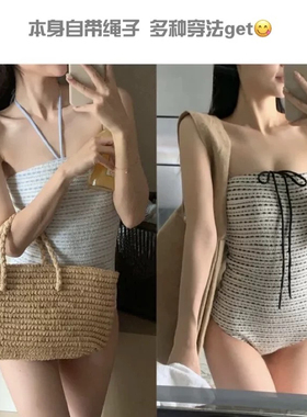 韩系ins博主同款小香风条纹连体泳衣女小胸度假显瘦泡温泉遮肉