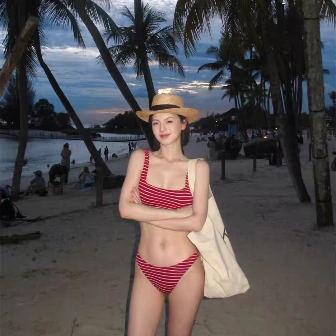 条纹宽肩带方领泳衣女款2025新款高级感分体纯欲遮肚子比基尼泳装